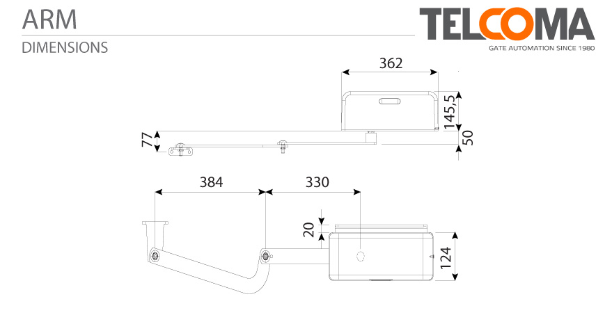 מנוע אלקטרו-מכני זרוע מפרקית לשער כנף - Telcoma ARM - מפרט טכני - מידות